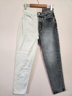 Revice Denim Split Leg Two Tone Black White High Rise Straight Jeans Size 26 Y2K